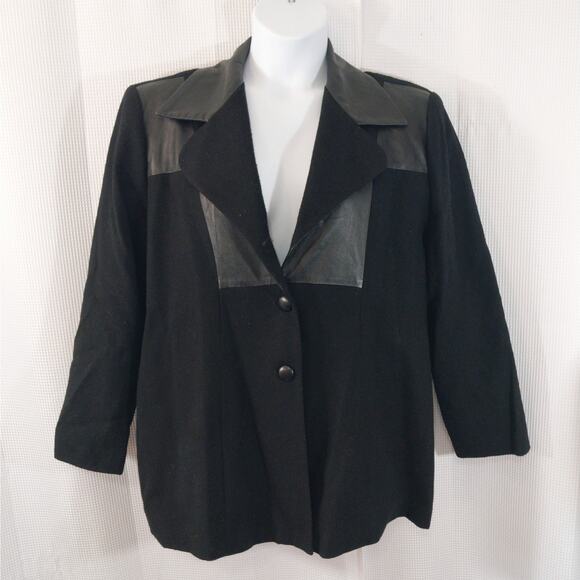 FOCUS 2000! STUNNING BLACK 100% WOOL, FAUX LEATHER INSETS/COLLAR JACKET! SZ 18W - Picture 2 of 10